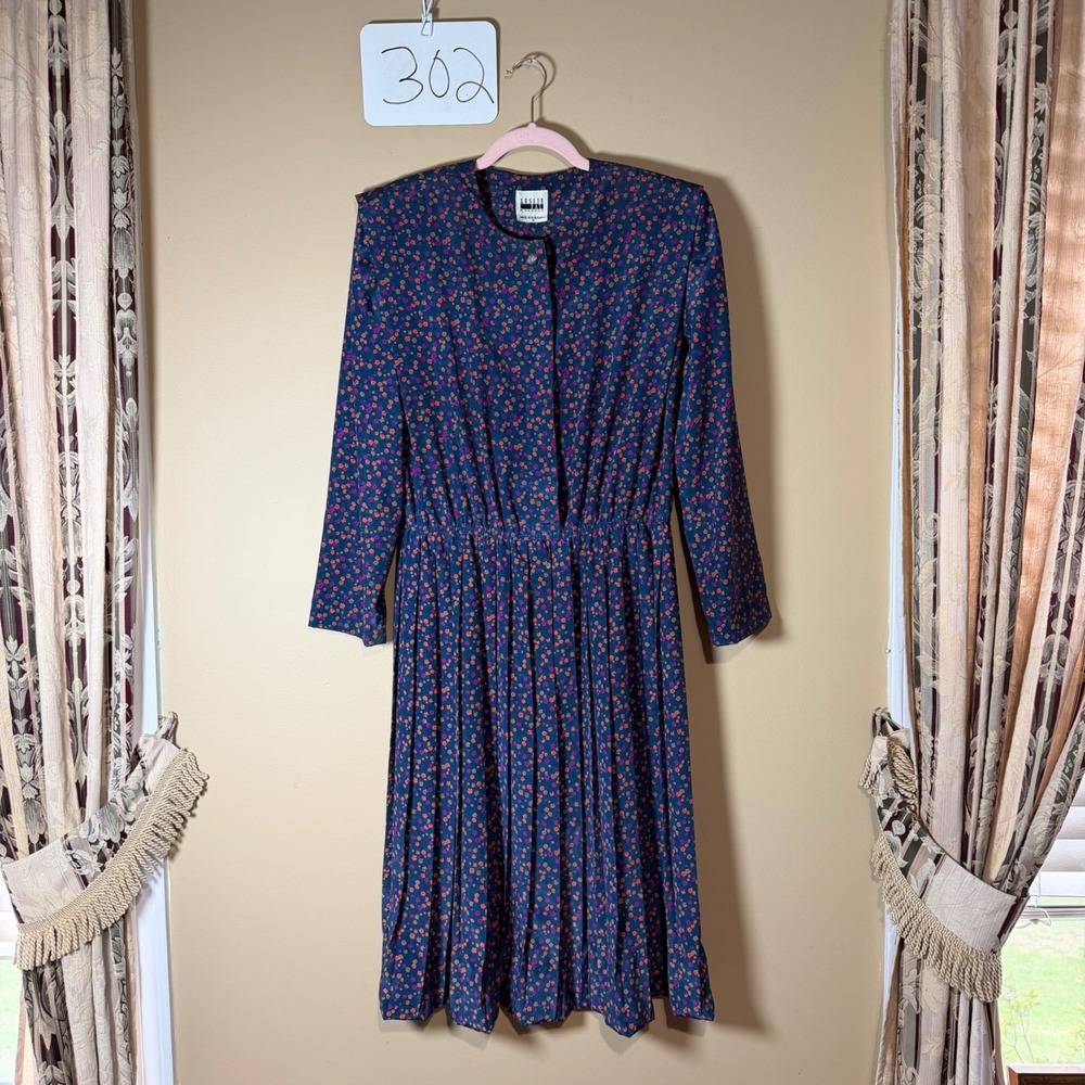 Vintage Leslie Fay Ditsy Floral Pleated Midi Dress Navy Blue 80s Belted Size 14